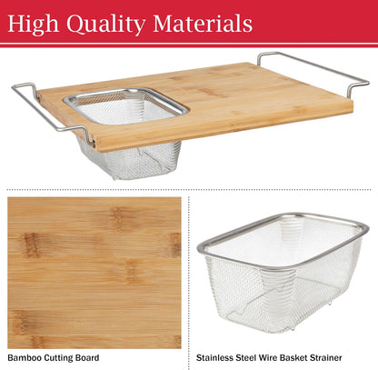 2 in 1 Cutting Board with Strainer, Natural, 13.2” x 11.5” | Adjustable Bamboo Chopping Board with Removable Stainless Steel Colander for Over the Sink