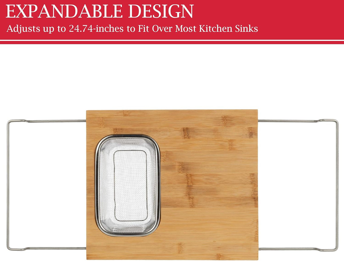 2 in 1 Cutting Board with Strainer, Natural, 13.2” x 11.5” | Adjustable Bamboo Chopping Board with Removable Stainless Steel Colander for Over the Sink