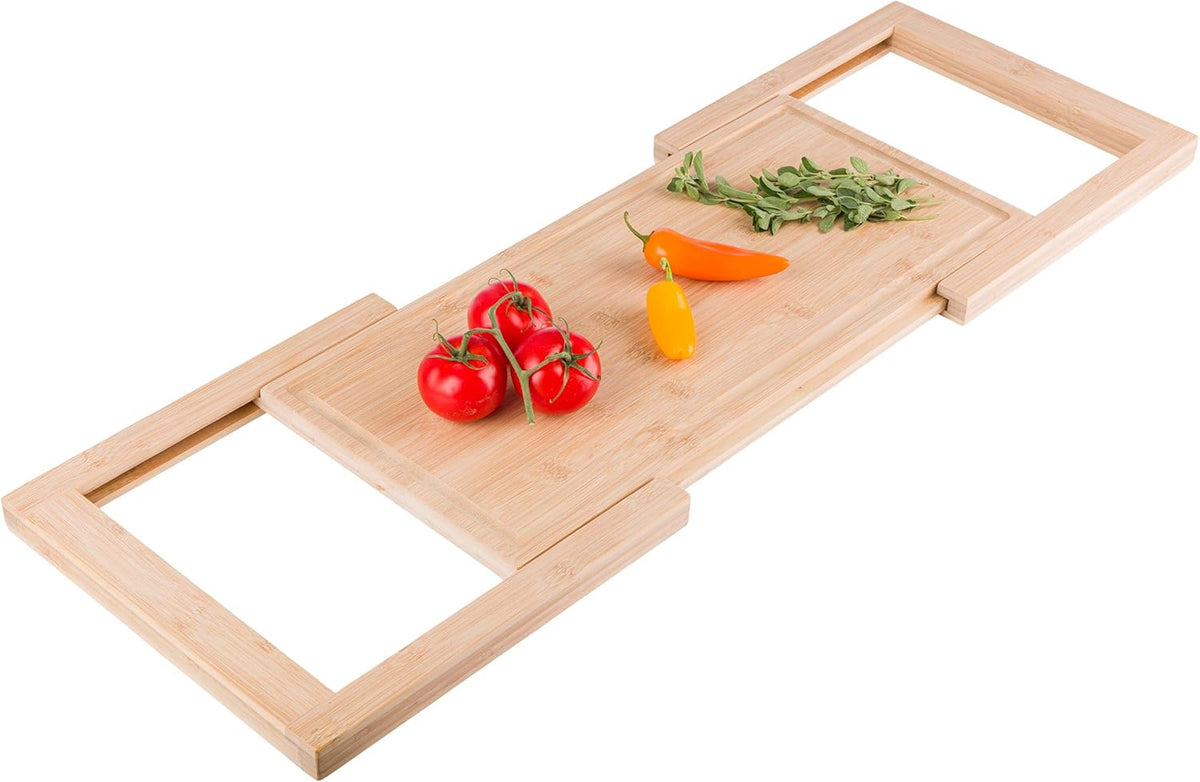 2 in 1 Cutting Board with Strainer, Natural, 13.2” x 11.5” | Adjustable Bamboo Chopping Board with Removable Stainless Steel Colander for Over the Sink