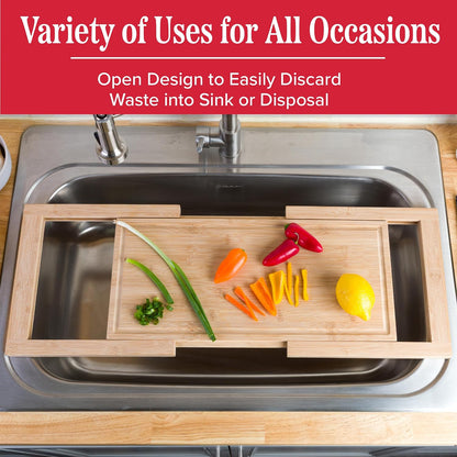 2 in 1 Cutting Board with Strainer, Natural, 13.2” x 11.5” | Adjustable Bamboo Chopping Board with Removable Stainless Steel Colander for Over the Sink