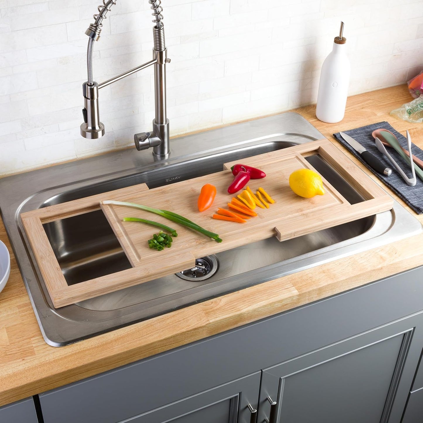 2 in 1 Cutting Board with Strainer, Natural, 13.2” x 11.5” | Adjustable Bamboo Chopping Board with Removable Stainless Steel Colander for Over the Sink