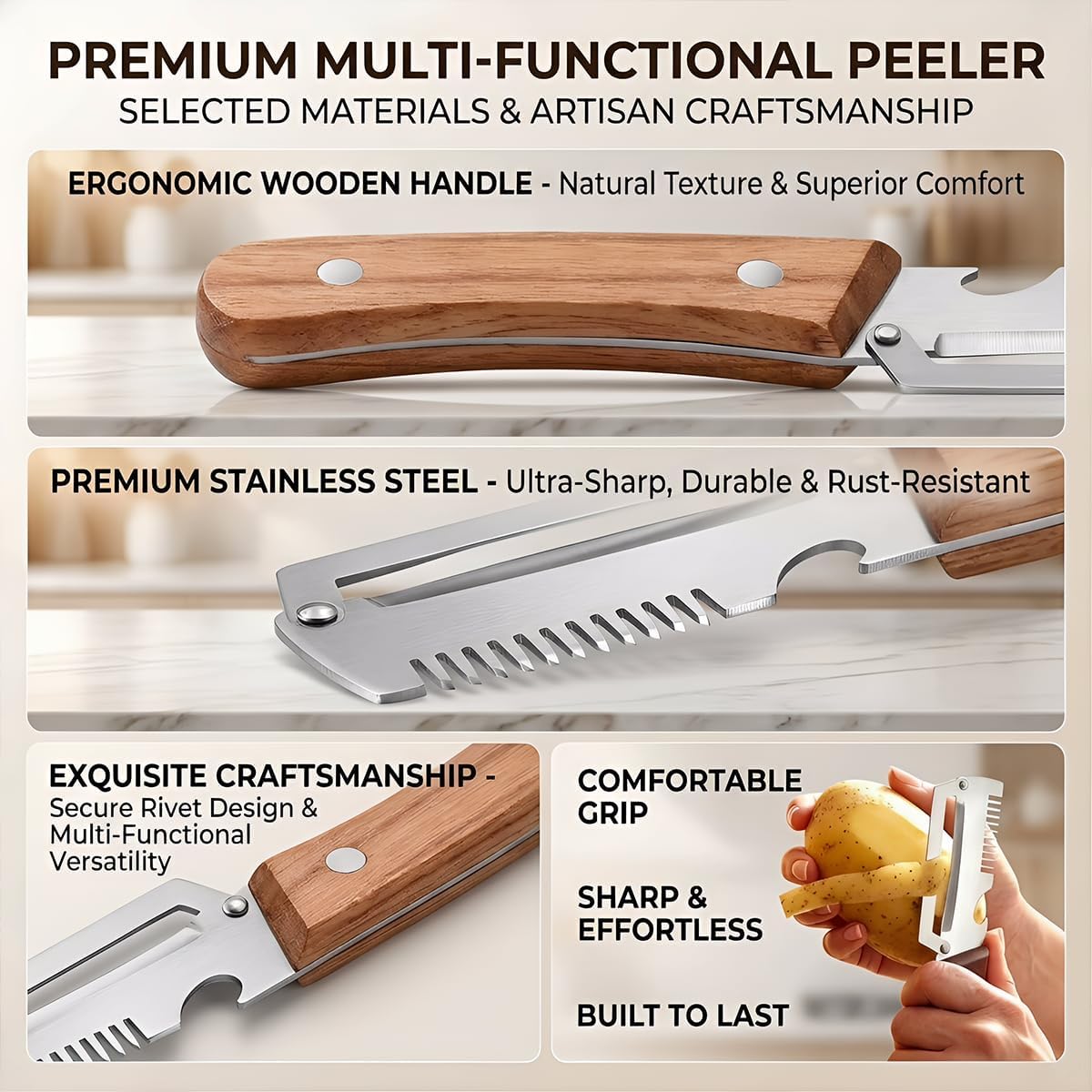 2 Pack Multifunctional Vegetable Peeler, 3-in-1 Peelers For Kitchen with Bottle Opener, Sharp Stainless Steel Swivel Blade, Wooden Handle, For Vegetables or Fruits that Need to Be Peeled