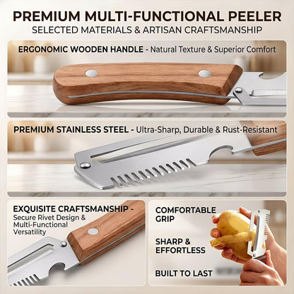 2 Pack Multifunctional Vegetable Peeler, 3-in-1 Peelers For Kitchen with Bottle Opener, Sharp Stainless Steel Swivel Blade, Wooden Handle, For Vegetables or Fruits that Need to Be Peeled