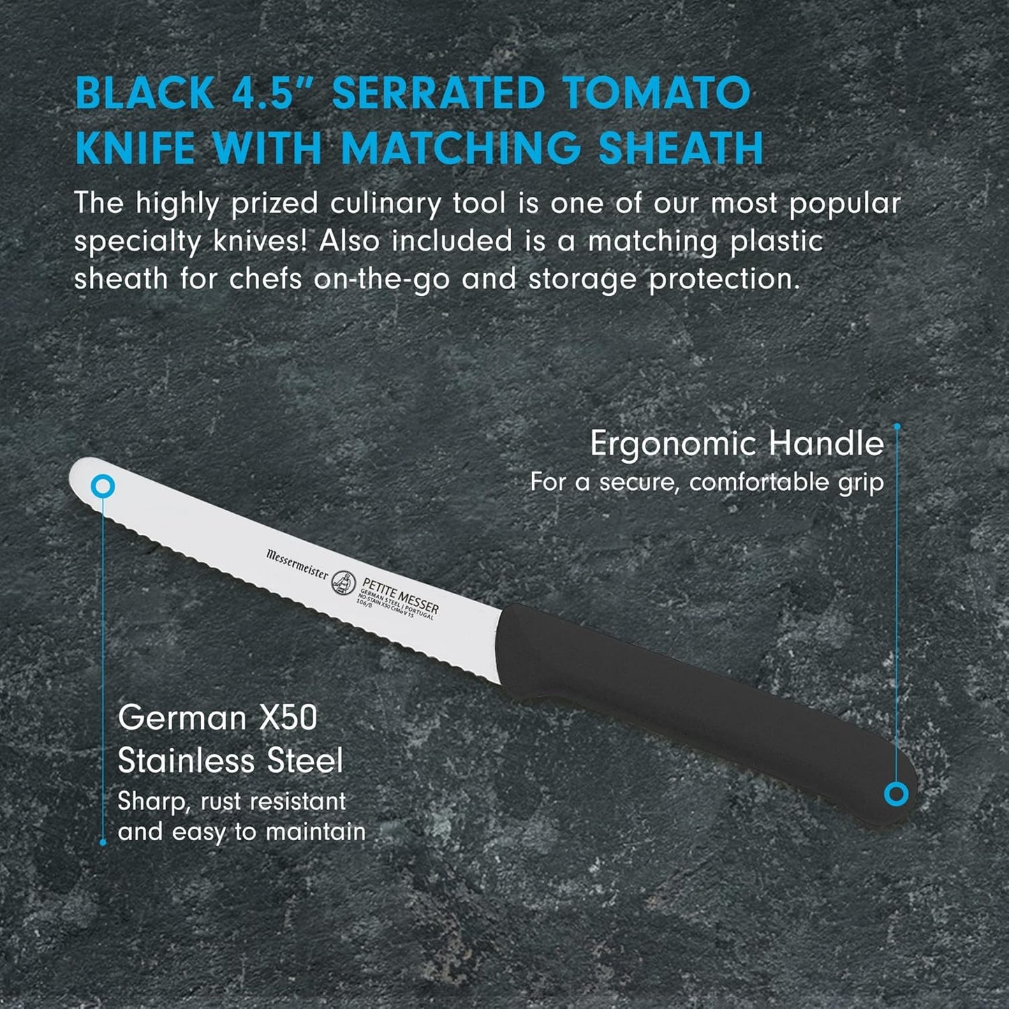 4.5” Serrated Tomato Knife with Matching Sheath, Black - German 1.4116 Steel Alloy - Rust Resistant & Easy to Maintain - Handcrafted in Santa Catarina, Portugal