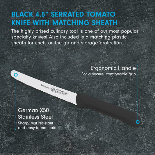 4.5” Serrated Tomato Knife with Matching Sheath, Black - German 1.4116 Steel Alloy - Rust Resistant & Easy to Maintain - Handcrafted in Santa Catarina, Portugal
