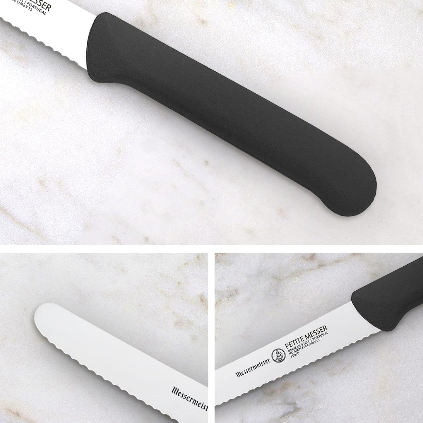 4.5” Serrated Tomato Knife with Matching Sheath, Black - German 1.4116 Steel Alloy - Rust Resistant & Easy to Maintain - Handcrafted in Santa Catarina, Portugal