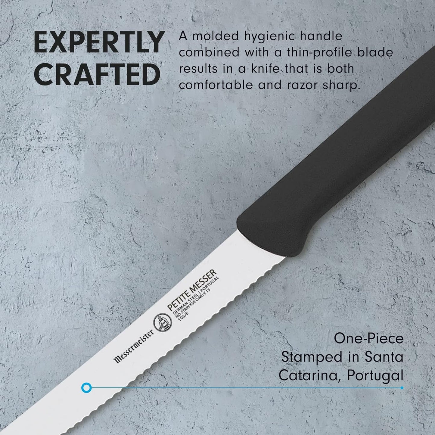 4.5” Serrated Tomato Knife with Matching Sheath, Black - German 1.4116 Steel Alloy - Rust Resistant & Easy to Maintain - Handcrafted in Santa Catarina, Portugal