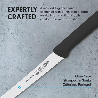 4.5” Serrated Tomato Knife with Matching Sheath, Black - German 1.4116 Steel Alloy - Rust Resistant & Easy to Maintain - Handcrafted in Santa Catarina, Portugal
