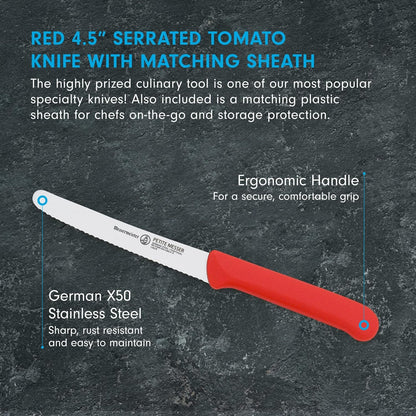 4.5” Serrated Tomato Knife with Matching Sheath, Black - German 1.4116 Steel Alloy - Rust Resistant & Easy to Maintain - Handcrafted in Santa Catarina, Portugal