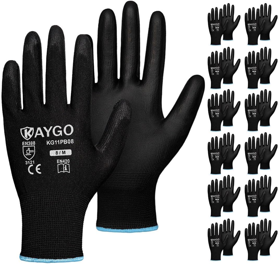 Safety Work Gloves for Men Women, PU Coated Palm & Fingers, KG11P | Smooth Grip, Breathable & Lightweight, 13-Gauge Seamless Knit, for Light Warehouse, Manufacturing, Gardening