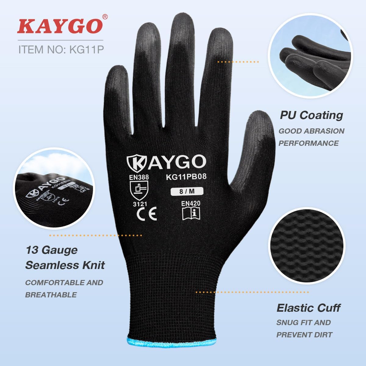 Safety Work Gloves for Men Women, PU Coated Palm & Fingers, KG11P | Smooth Grip, Breathable & Lightweight, 13-Gauge Seamless Knit, for Light Warehouse, Manufacturing, Gardening