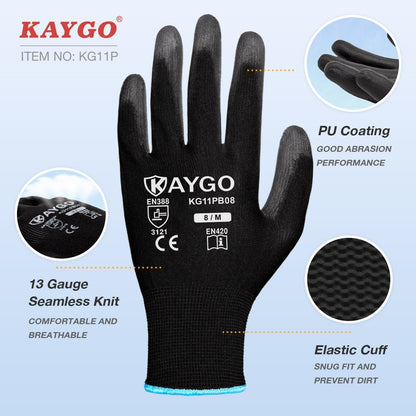 Safety Work Gloves for Men Women, PU Coated Palm & Fingers, KG11P | Smooth Grip, Breathable & Lightweight, 13-Gauge Seamless Knit, for Light Warehouse, Manufacturing, Gardening