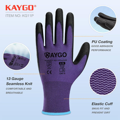 Safety Work Gloves for Men Women, PU Coated Palm & Fingers, KG11P | Smooth Grip, Breathable & Lightweight, 13-Gauge Seamless Knit, for Light Warehouse, Manufacturing, Gardening