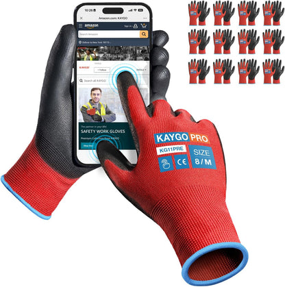 Safety Work Gloves for Men Women, PU Coated Palm & Fingers, KG11P | Smooth Grip, Breathable & Lightweight, 13-Gauge Seamless Knit, for Light Warehouse, Manufacturing, Gardening