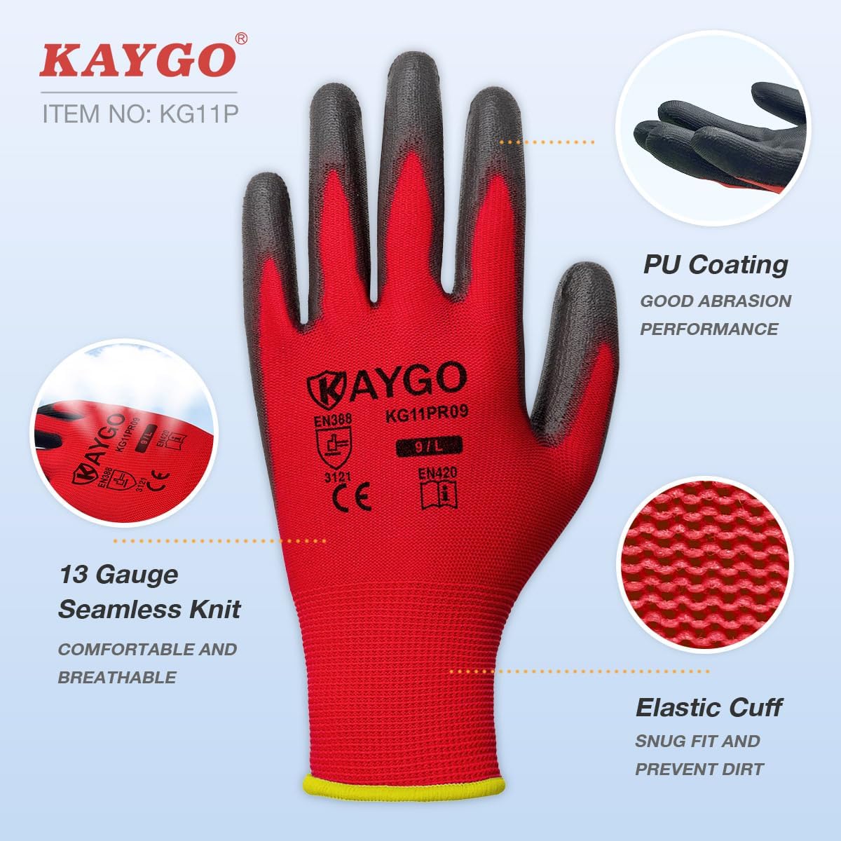 Safety Work Gloves for Men Women, PU Coated Palm & Fingers, KG11P | Smooth Grip, Breathable & Lightweight, 13-Gauge Seamless Knit, for Light Warehouse, Manufacturing, Gardening