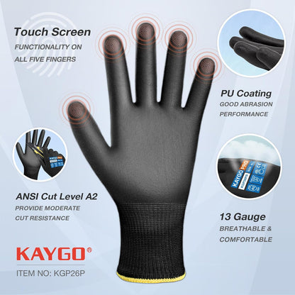 Safety Work Gloves for Men Women, PU Coated Palm & Fingers, KG11P | Smooth Grip, Breathable & Lightweight, 13-Gauge Seamless Knit, for Light Warehouse, Manufacturing, Gardening