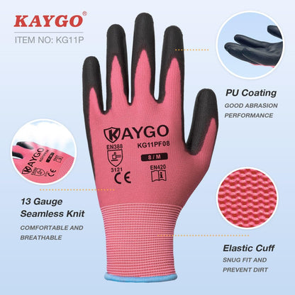 Safety Work Gloves for Men Women, PU Coated Palm & Fingers, KG11P | Smooth Grip, Breathable & Lightweight, 13-Gauge Seamless Knit, for Light Warehouse, Manufacturing, Gardening