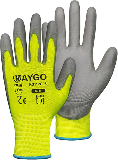 Safety Work Gloves for Men Women, PU Coated Palm & Fingers, KG11P | Smooth Grip, Breathable & Lightweight, 13-Gauge Seamless Knit, for Light Warehouse, Manufacturing, Gardening