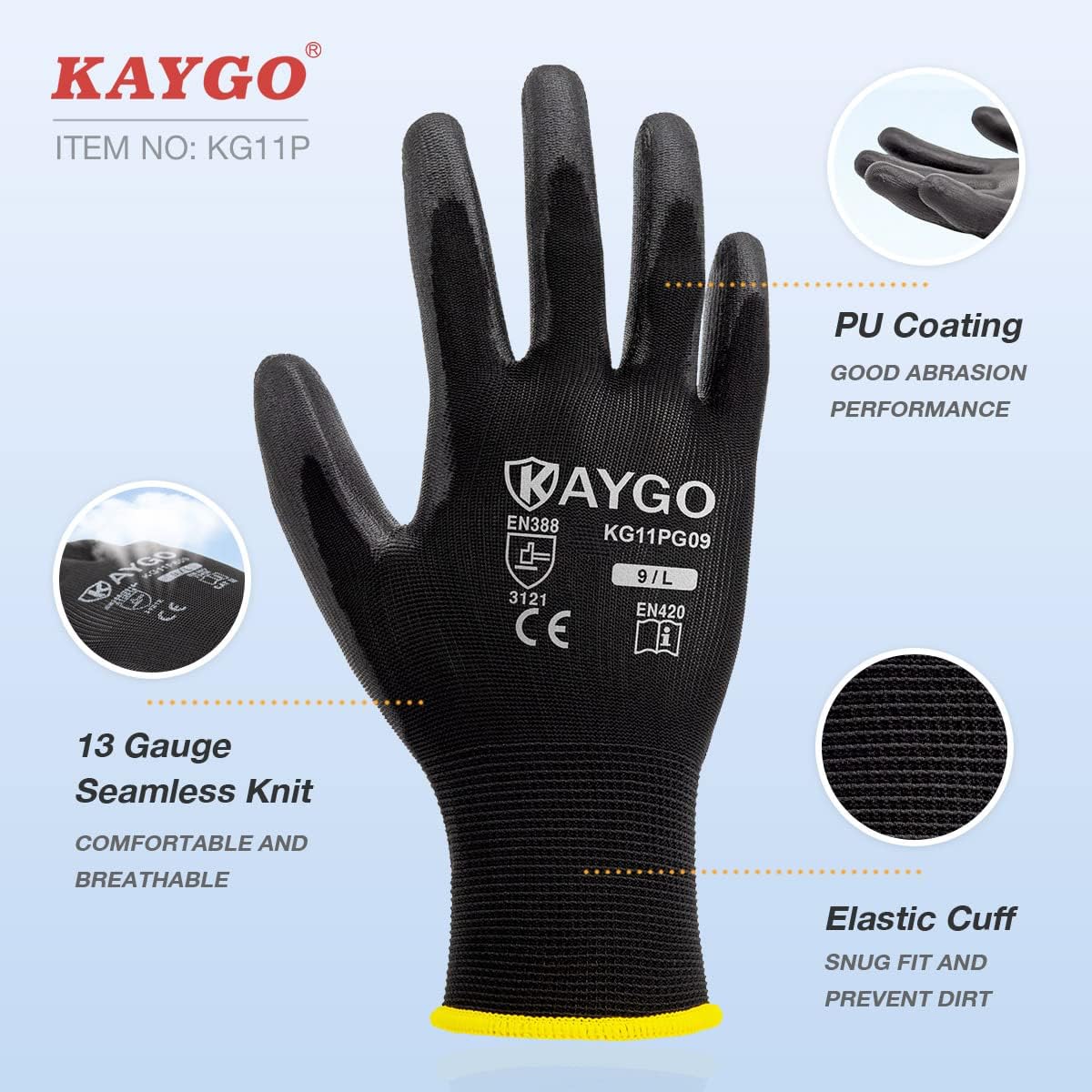Safety Work Gloves for Men Women, PU Coated Palm & Fingers, KG11P | Smooth Grip, Breathable & Lightweight, 13-Gauge Seamless Knit, for Light Warehouse, Manufacturing, Gardening