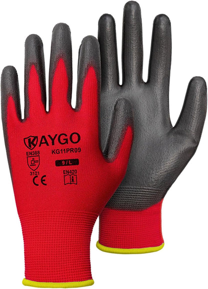 Safety Work Gloves for Men Women, PU Coated Palm & Fingers, KG11P | Smooth Grip, Breathable & Lightweight, 13-Gauge Seamless Knit, for Light Warehouse, Manufacturing, Gardening
