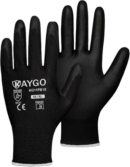 Safety Work Gloves for Men Women, PU Coated Palm & Fingers, KG11P | Smooth Grip, Breathable & Lightweight, 13-Gauge Seamless Knit, for Light Warehouse, Manufacturing, Gardening