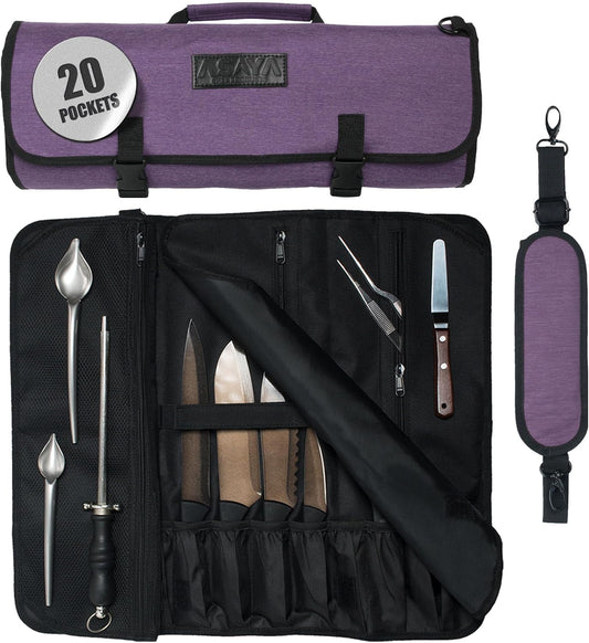Asaya Waxed Nylon Chef Knife Roll Bag with 20 Slots and Zippered Pockets - Professional Chef Knife Bag & Storage Case, Tool Carrier with Shoulder Strap - Knives Not Included (Purple)
