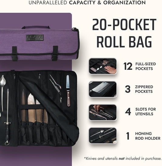 Asaya Waxed Nylon Chef Knife Roll Bag with 20 Slots and Zippered Pockets - Professional Chef Knife Bag & Storage Case, Tool Carrier with Shoulder Strap - Knives Not Included (Purple)