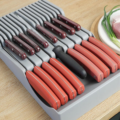 Cutter Drawer Organizer, 16 Slot Knife Block with Drainage Holes for Kitchen Tool Storage and Organization (Gray)