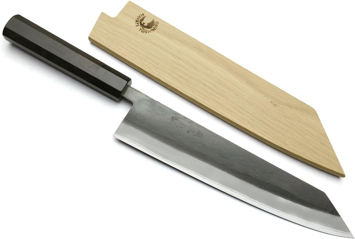 Yoshihiro Kurouchi Black-Forged High Carbon Blue Steel Stainless Clad Kiritsuke Japanese Multipurpose Knife Ebony Handle (8.25" (210mm) & Saya)