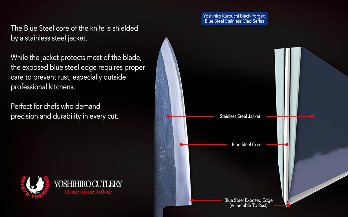Yoshihiro Kurouchi Black-Forged High Carbon Blue Steel Stainless Clad Kiritsuke Japanese Multipurpose Knife Ebony Handle (8.25" (210mm) & Saya)