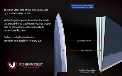 Yoshihiro Kurouchi Black-Forged High Carbon Blue Steel Stainless Clad Kiritsuke Japanese Multipurpose Knife Ebony Handle (8.25" (210mm) & Saya)