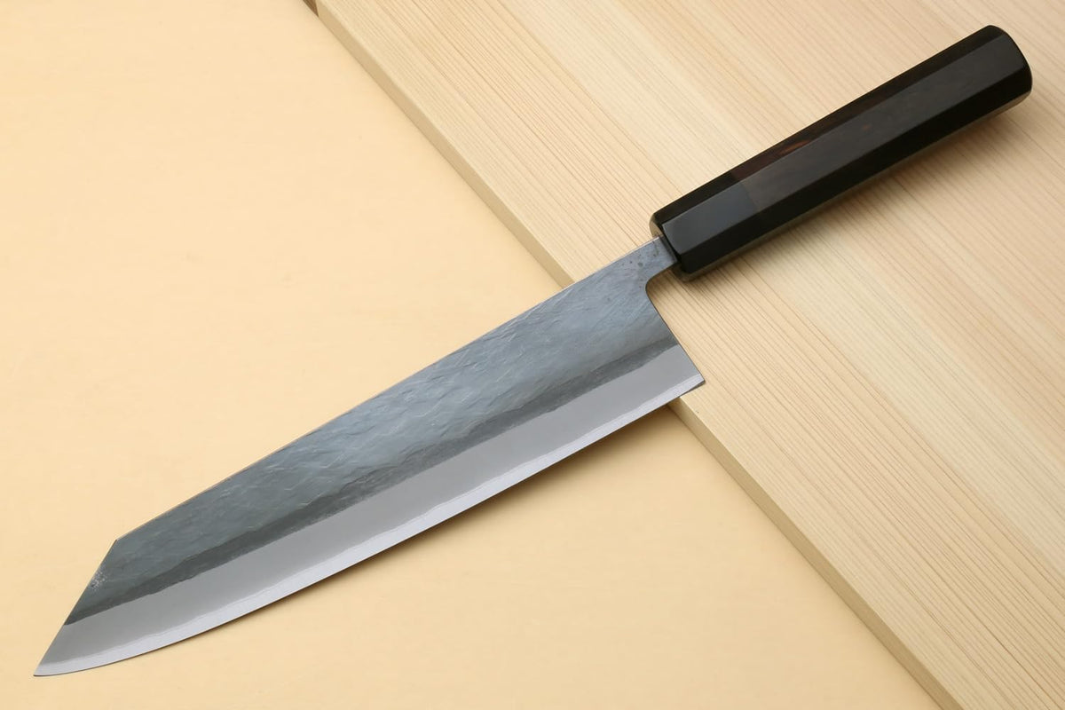 Yoshihiro Kurouchi Black-Forged High Carbon Blue Steel Stainless Clad Kiritsuke Japanese Multipurpose Knife Ebony Handle (8.25" (210mm) & Saya)
