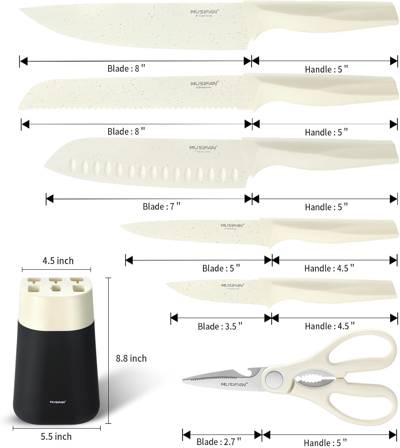 7-Piece Kitchen Knife Set ，Knife Block Sets and High-Carbon Stainless Steel Kitchen Knives for Cooking ，Dishwasher Safe,Ergonomic Handle