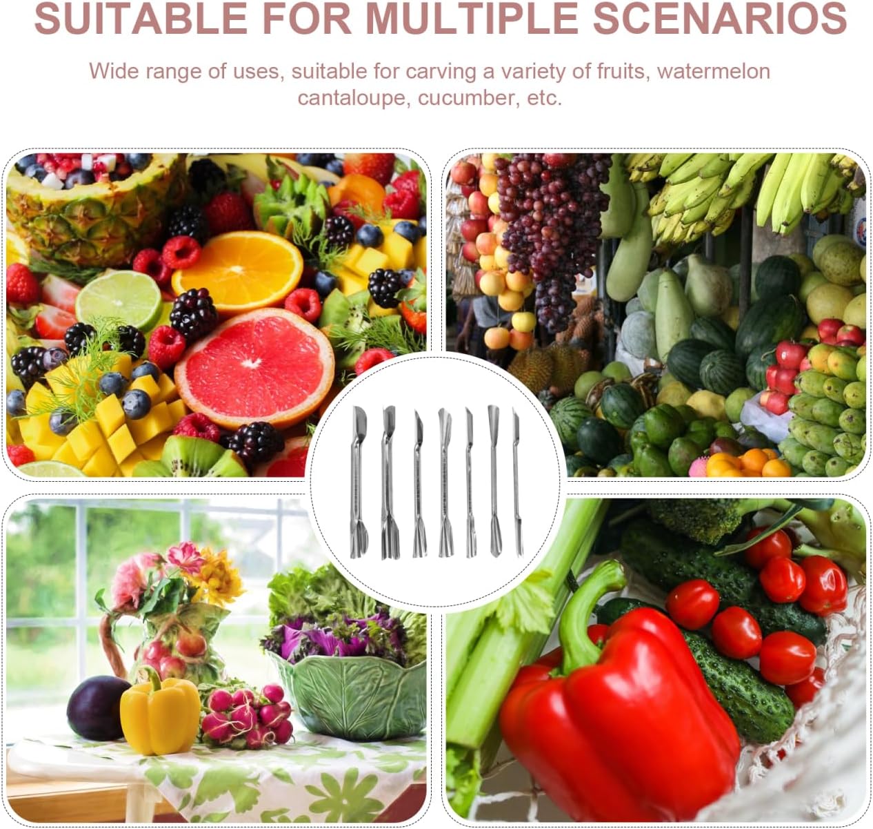 Double-Headed Carving Knife Set for Fruits and Vegetables Stainless Steel Food Carving Tool Garnish Shape Kitchen Utensil 6.29 Inch 7-Piece Set for Home Party Restaurant Use