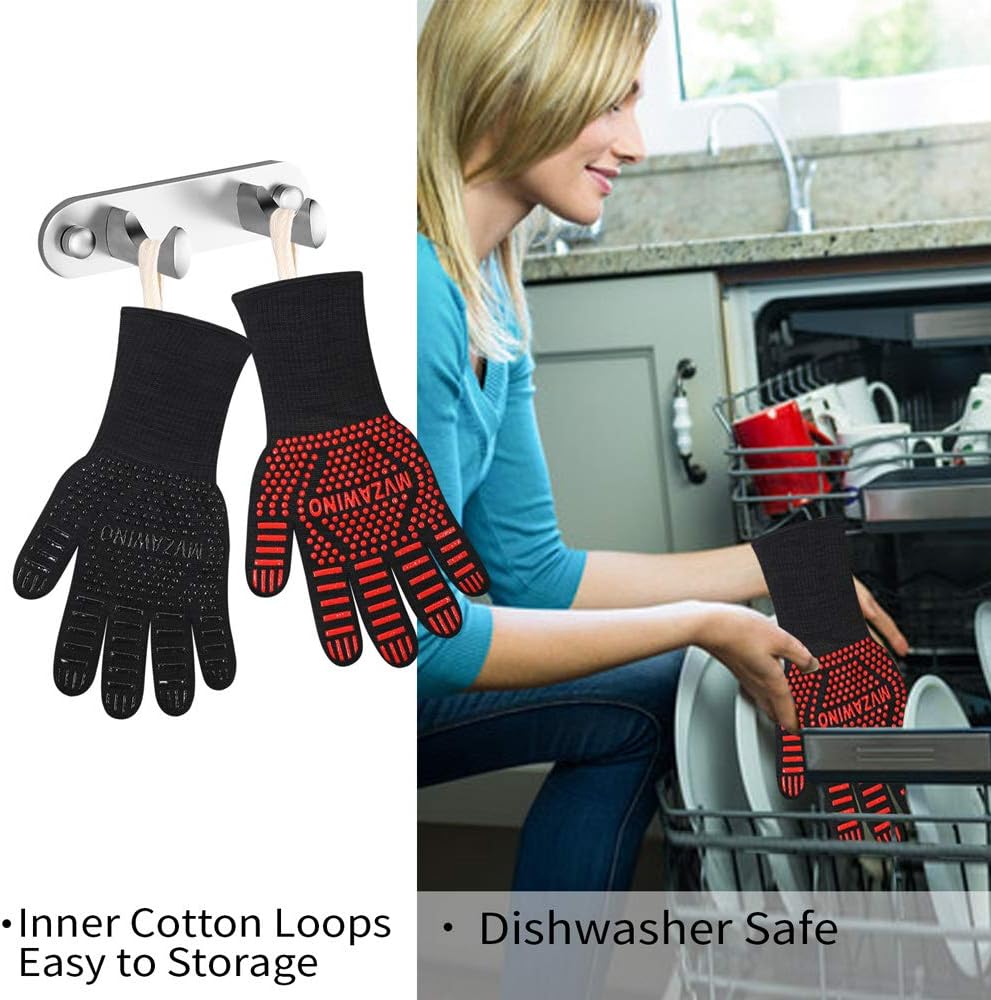 BBQ Grill Gloves, 1472°F Heat Resistant | Non-Slip Silicone, Washable, Long Protection for Kitchen, Cooking, Grilling, Baking