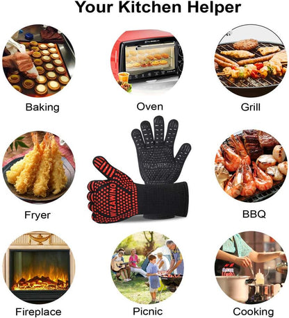 BBQ Grill Gloves, 1472°F Heat Resistant | Non-Slip Silicone, Washable, Long Protection for Kitchen, Cooking, Grilling, Baking