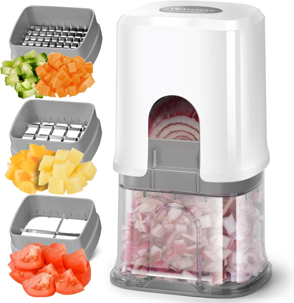 Multifunctional Vegetable Chopper White - 3 Interchangeable Blades Potato French Fry Cutter with Container & Storage Box Food Chopper Dicer for Cucumber, Tomato, Carrot, Onion