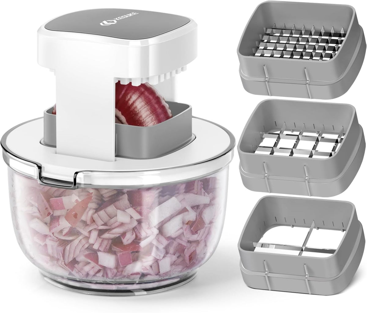 Multifunctional Vegetable Chopper White - 3 Interchangeable Blades Potato French Fry Cutter with Container & Storage Box Food Chopper Dicer for Cucumber, Tomato, Carrot, Onion