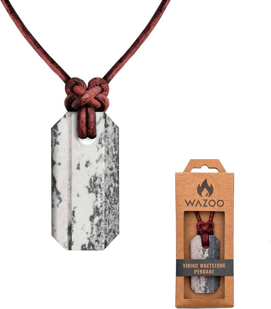Viking Whetstone Pendant - One of A Kind Pocket Knife Sharpening Stone, Made In USA, Arkansas Novaculite on Leather Cord, Norse Inspired Knotwork, Everyday Carry Pocket Knife Sharpener Tool