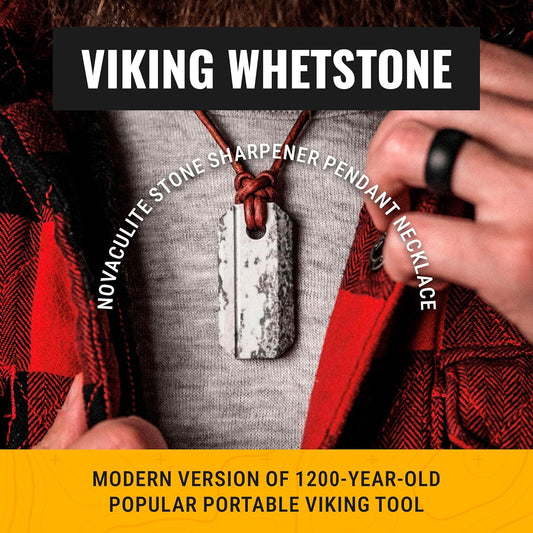 Viking Whetstone Pendant - One of A Kind Pocket Knife Sharpening Stone, Made In USA, Arkansas Novaculite on Leather Cord, Norse Inspired Knotwork, Everyday Carry Pocket Knife Sharpener Tool
