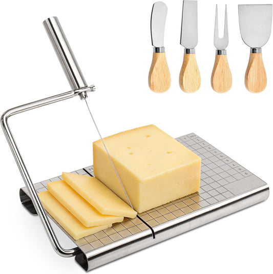 Cheese Slicer with 4 Piece Cheese Knives Set, Stainless Steel Cheese Cutter with Measuring Grids,Tightness Adjustable Wire Cheese Slicer for Block Cheese, with 5 Extra Wires