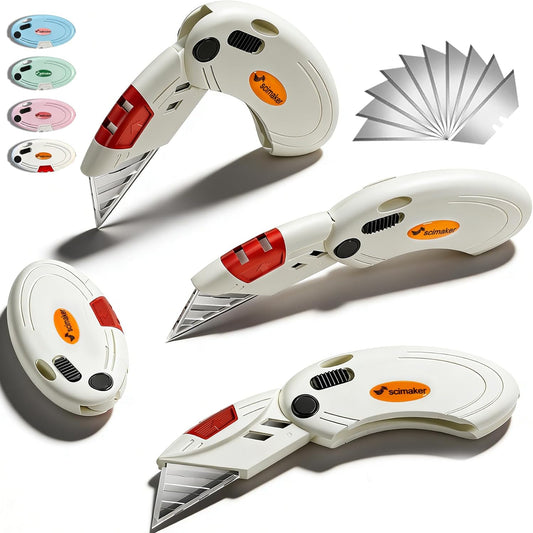 Box Opener with 10 Extra Blades,Mini Box Cutter with Button Lock Mechanism,Razor Blades Utility Knife for Opening Daily Express Boxes, Packages, Envelopes,Paper tapes.White,4 Pcs.