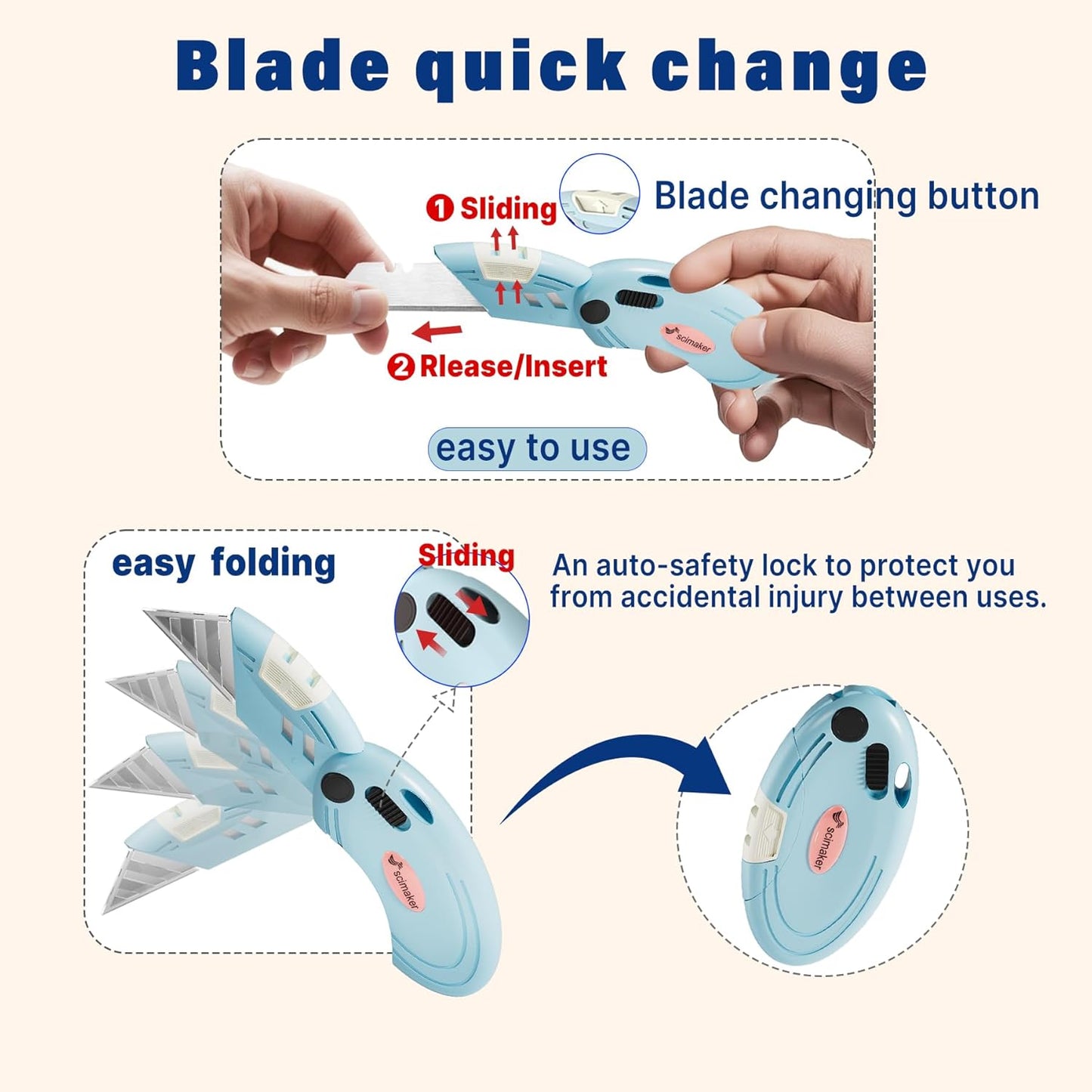 Box Opener with 10 Extra Blades,Mini Box Cutter with Button Lock Mechanism,Razor Blades Utility Knife for Opening Daily Express Boxes, Packages, Envelopes,Paper tapes.White,4 Pcs.