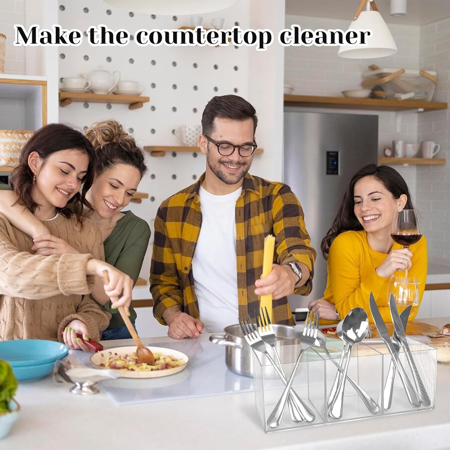 Large Cutlery Storage Organizer, Plastic Cutlery Utensil Holder Storage Organizer Caddy for Kitchen Countertop Organization, Holds Fork, Knife, Spoon, Silverware Tableware Storage Box