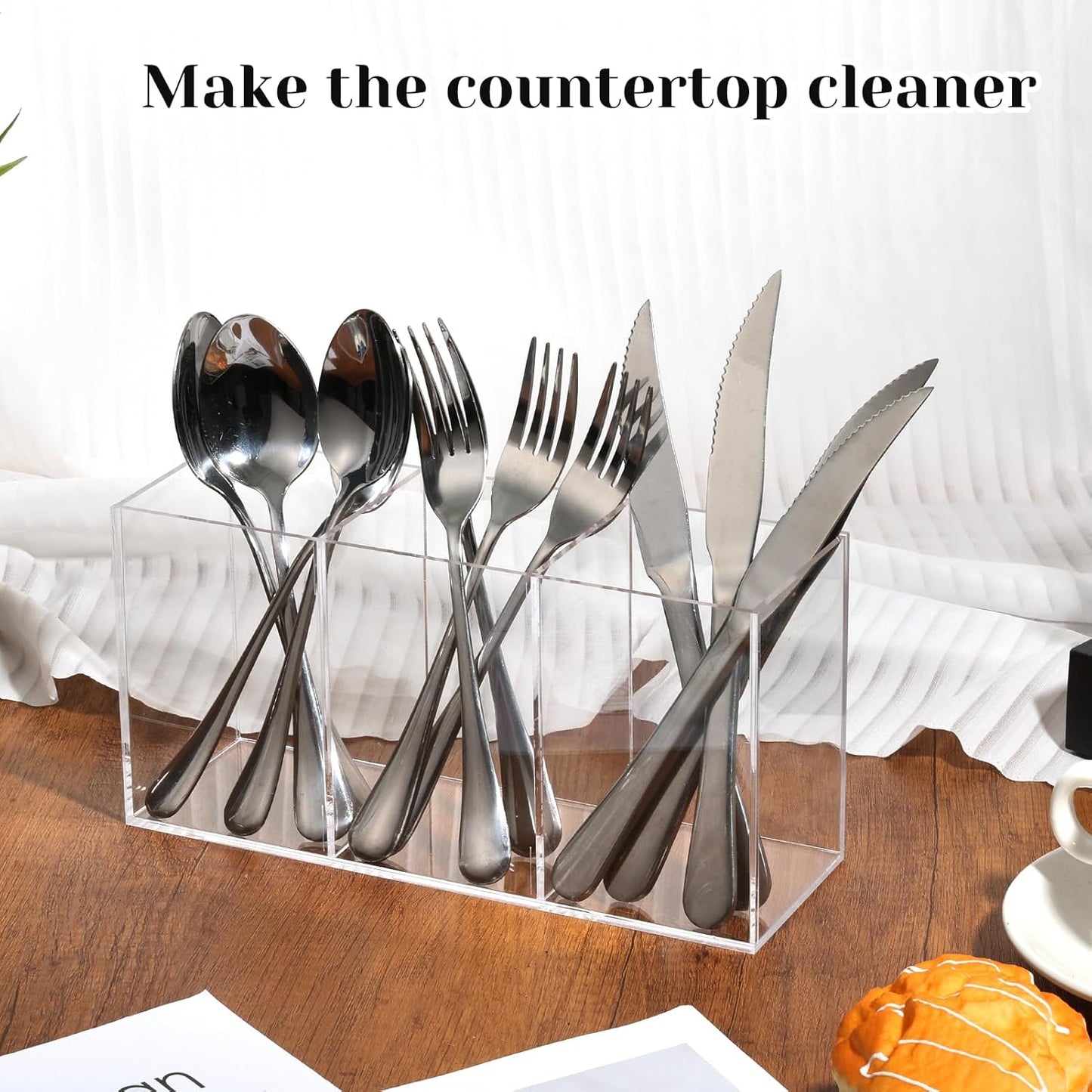Large Cutlery Storage Organizer, Plastic Cutlery Utensil Holder Storage Organizer Caddy for Kitchen Countertop Organization, Holds Fork, Knife, Spoon, Silverware Tableware Storage Box