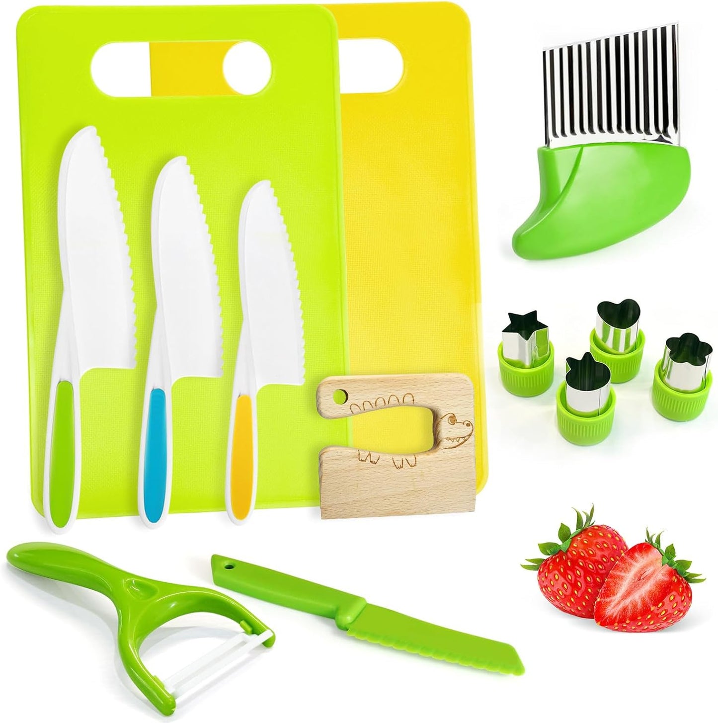 13 Pieces Kids Safe Knife Set for Real Cooking Child-Friendly Plastic Chef Tools Montessori Kitchen Toys for Toddlers Birthday Gifts for Boys and Girls Ages 4+ (A)