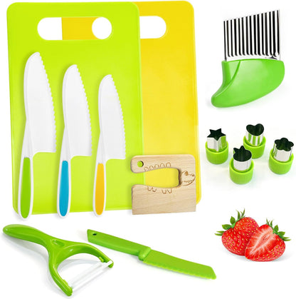 13 Pieces Kids Safe Knife Set for Real Cooking Child-Friendly Plastic Chef Tools Montessori Kitchen Toys for Toddlers Birthday Gifts for Boys and Girls Ages 4+ (A)
