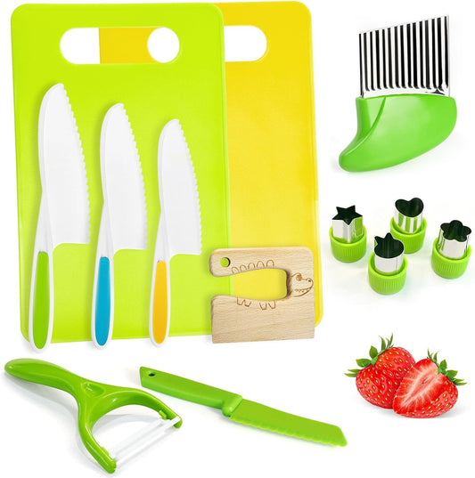 13 Pieces Kids Safe Knife Set for Real Cooking Child-Friendly Plastic Chef Tools Montessori Kitchen Toys for Toddlers Birthday Gifts for Boys and Girls Ages 4+ (A)