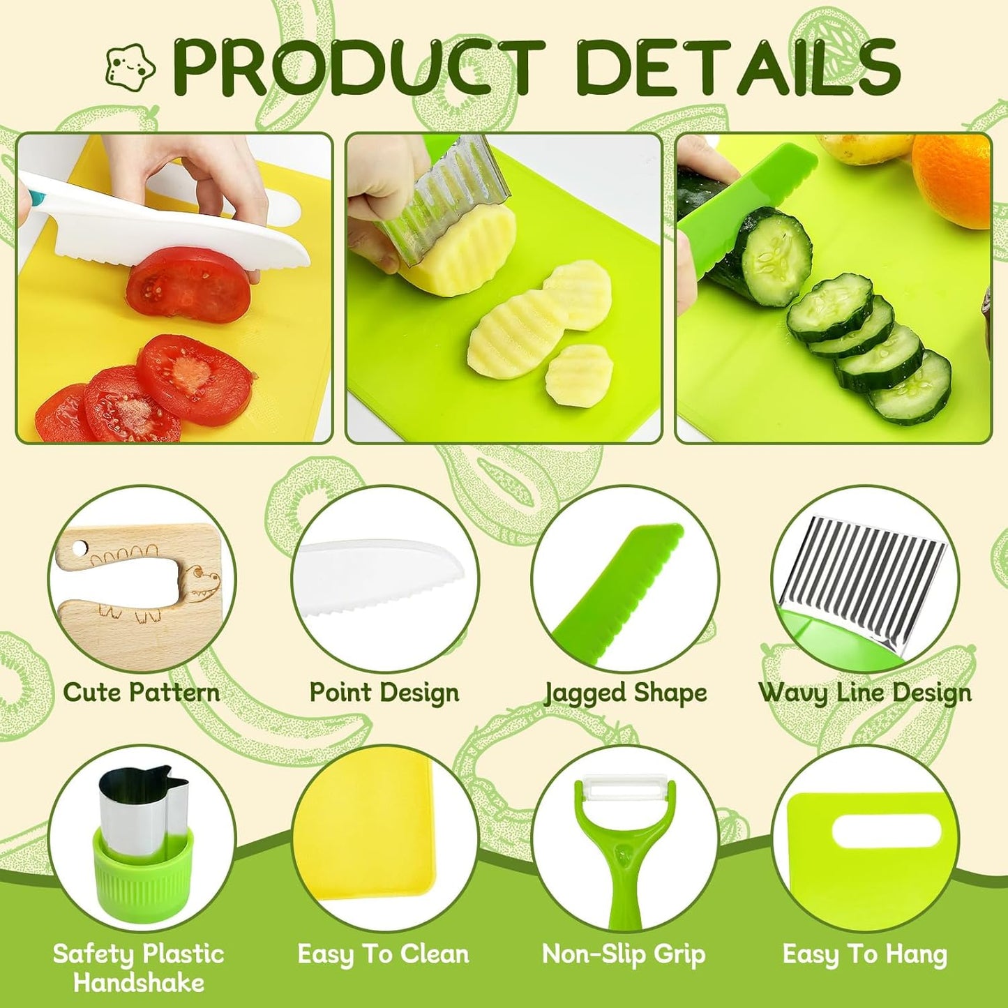 13 Pieces Kids Safe Knife Set for Real Cooking Child-Friendly Plastic Chef Tools Montessori Kitchen Toys for Toddlers Birthday Gifts for Boys and Girls Ages 4+ (A)