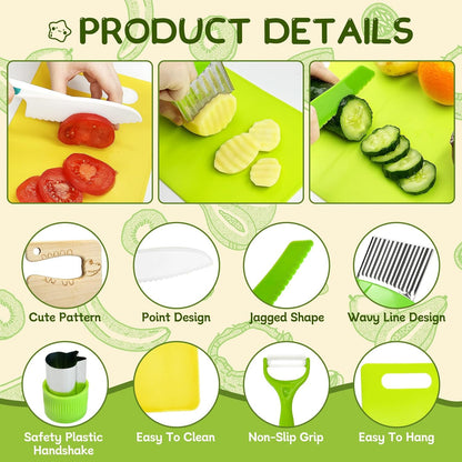 13 Pieces Kids Safe Knife Set for Real Cooking Child-Friendly Plastic Chef Tools Montessori Kitchen Toys for Toddlers Birthday Gifts for Boys and Girls Ages 4+ (A)